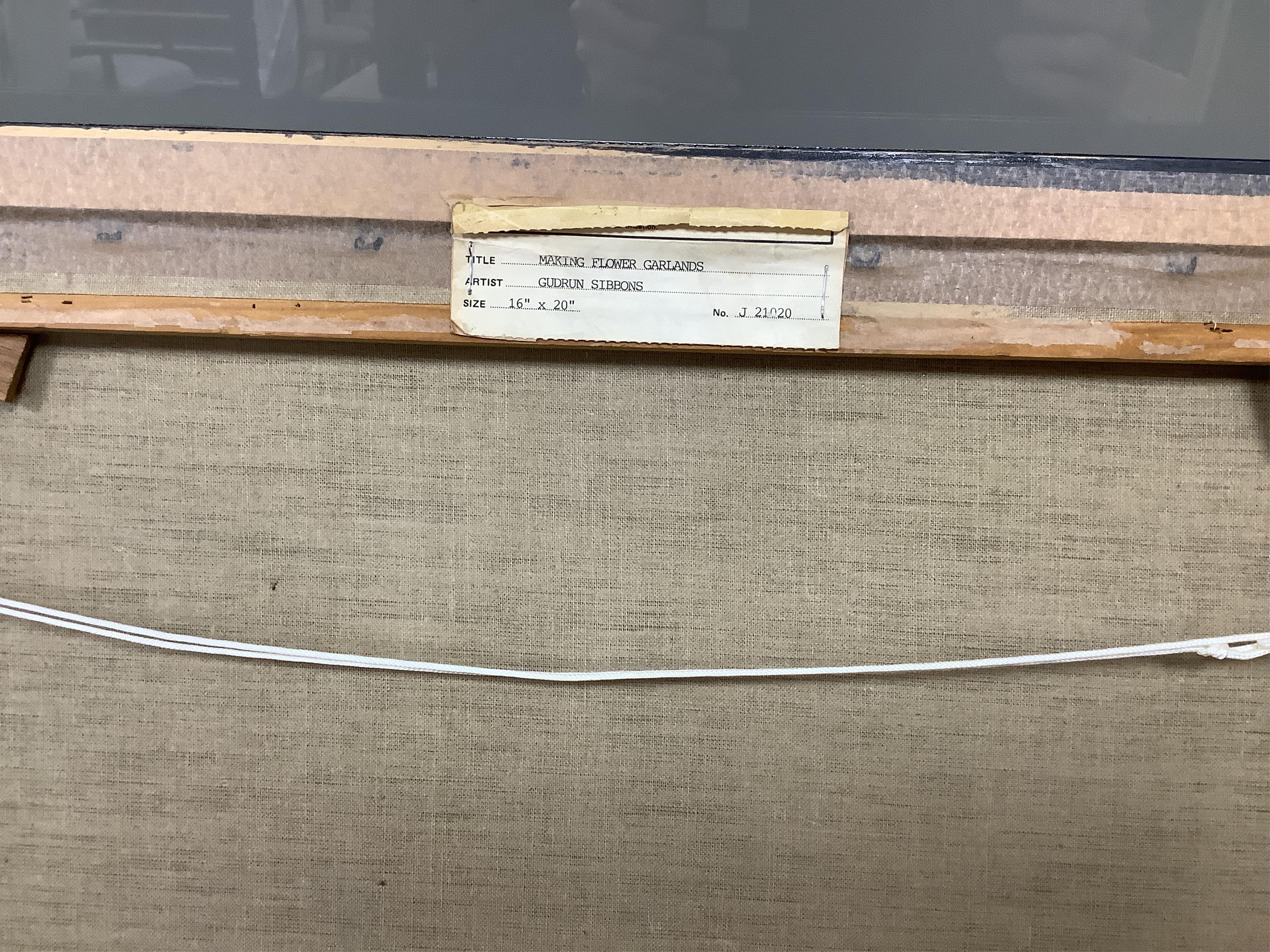 Gudrun Sibbons (1924-2020), 'Making Flower Garlands', signed, oil on canvas, 39 x 49cm